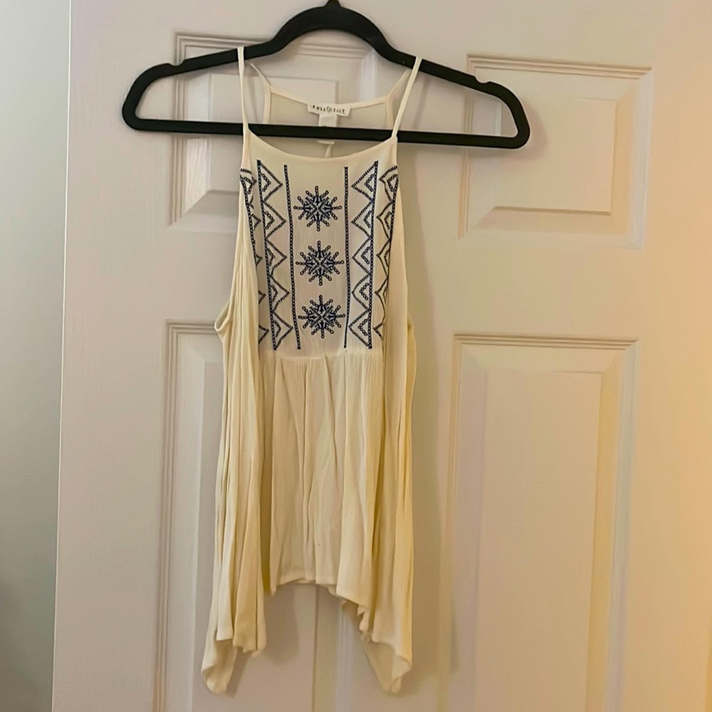 Full Tilt High Neck Cream and Blue Top